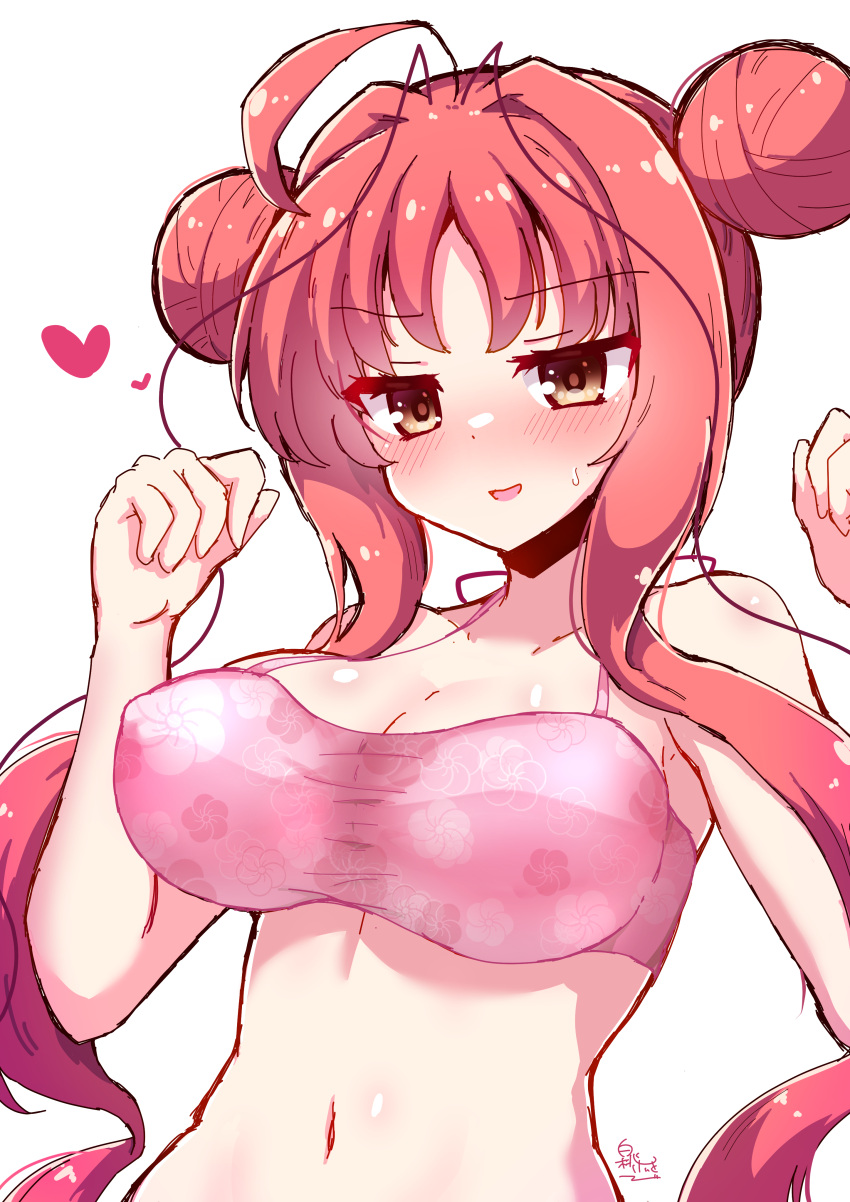 absurdres ahoge alternate_hairstyle bare_arms bikini blush breasts cleavage clenched_hands collarbone commentary_request covered_nipples double_bun dracu-riot! eyelashes eyes_visible_through_hair female floral_print hair_bun hair_intakes hakutocake halterneck hands_up heart highres jitome large_breasts long_hair looking_at_viewer navel nose_blush open_mouth pink_bikini print_bikini shiny_skin sidelocks signature simple_background smile solo stomach sweatdrop swimsuit upper_body variant_set very_long_hair white_background yarai_miu yellow_eyes