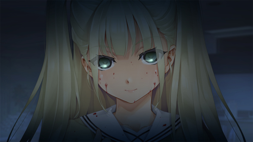 1boy bishoujo_mangekyou:_tsumi_to_batsu_no_shoujo bishoujo_mangekyou_(series) blonde_hair blood blood_on_face closed_mouth collarbone crossdressing game_cg green_eyes hair_between_eyes happoubi_jin indoors kannagi_yuuma long_hair looking_at_viewer male_focus otoko_no_ko portrait sailor_collar smile solo twintails white_sailor_collar