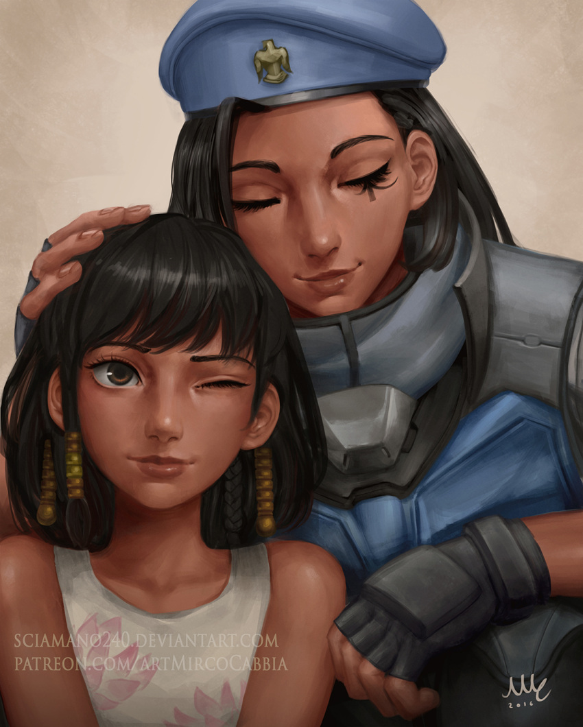 2girls aged_down alternate_hairstyle ana_(overwatch) armor artist_name bare_shoulders beret black_gloves black_hair blue_coat blue_headwear braid brown_background brown_eyes captain_amari closed_eyes coat collarbone commentary dark-skinned_female dark_skin dated deviantart_username english_commentary eye_of_horus eyebrows eyelashes facial_mark facial_tattoo fingerless_gloves fingernails gloves hair_ornament hair_tubes hand_on_another's_head hat headpat high_collar highres italian_commentary jacket lips lolicon long_sleeves medium_hair military military_uniform mixed-language_commentary mother_and_daughter multiple_girls nose official_alternate_costume overwatch overwatch_1 paid_reward_available patreon_username pharah_(overwatch) realistic sciamano240 side_braids signature sleeveless smile swept_bangs tattoo uniform upper_body watermark web_address