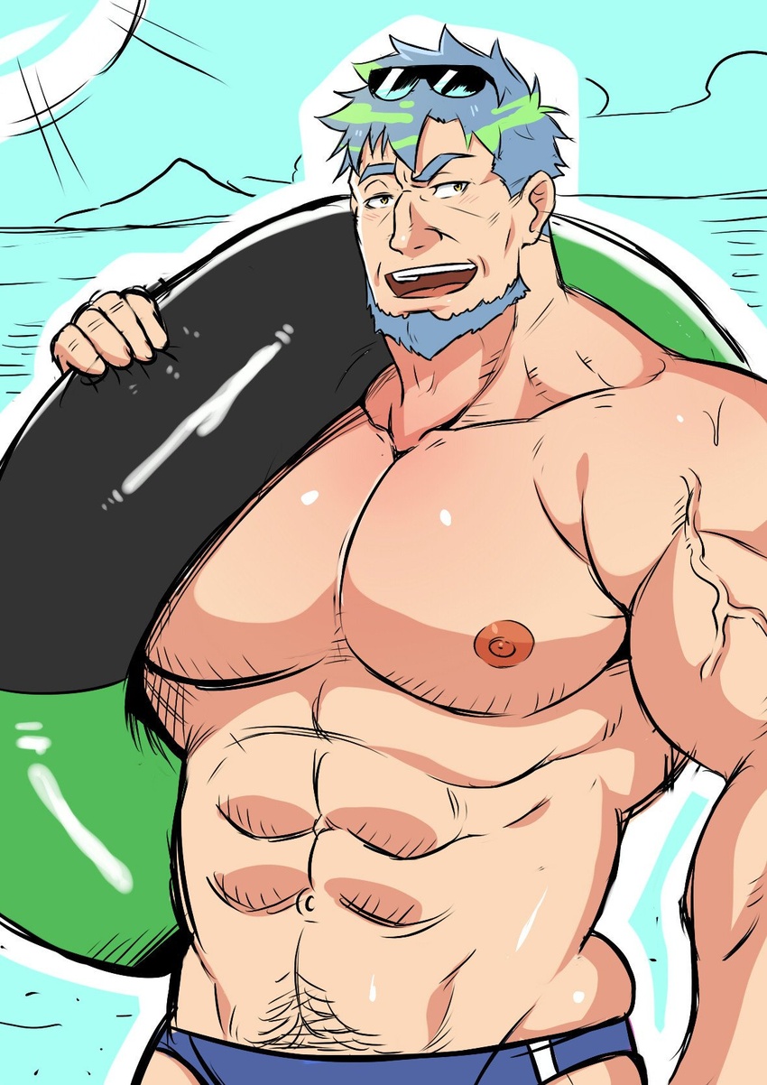 1boy :d abs aqua_hair artist_request ass_lift bara blue_male_swimwear cowboy_shot earth-chan earth-ojisan facial_hair genderswap_(ftm) goatee green_hair highres holding holding_innertube innertube large_pectorals light_blush male_focus male_swimwear mature_male muscular muscular_male navel_hair nipples old old_man original parody pectorals rule_63 short_hair sideburns skindentation smile solo stomach sunglasses swim_briefs topless_male veins veiny_arms