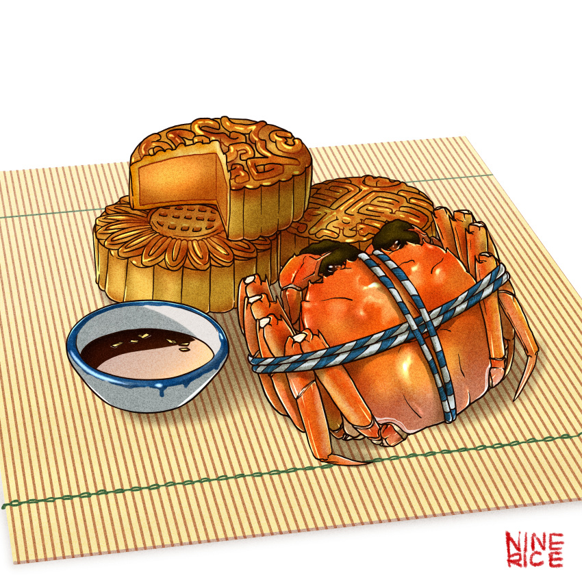 absurdres animal bound crab crustacean food food_focus highres jiumudao makisu mooncake no_humans original pastry saucer simple_background soy_sauce still_life tied_up_(nonsexual)