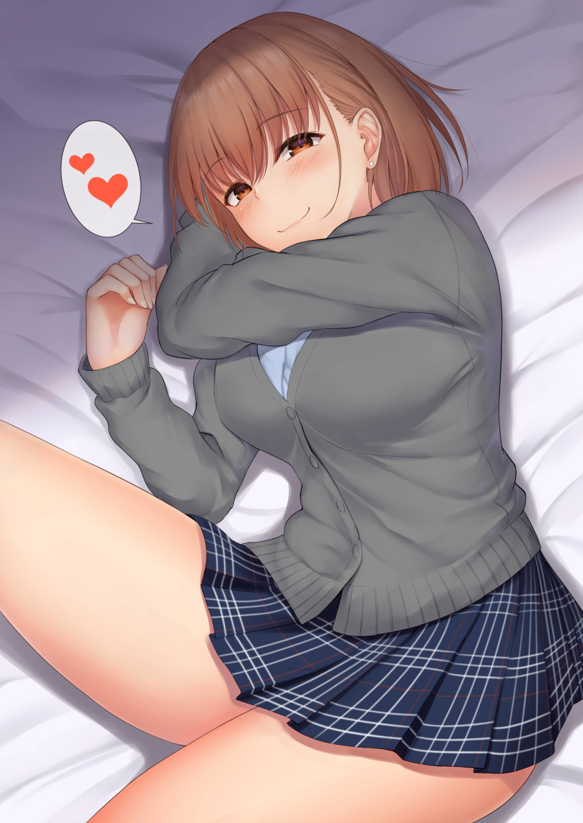 absurdres airi_(satosi) blue_skirt blush breasts brown_hair cardigan closed_mouth earrings female grey_jacket heart highres jacket jewelry large_breasts long_sleeves looking_at_viewer lying on_side orange_eyes original satosi short_hair skirt smile solo spoken_heart stud_earrings swept_bangs thighs