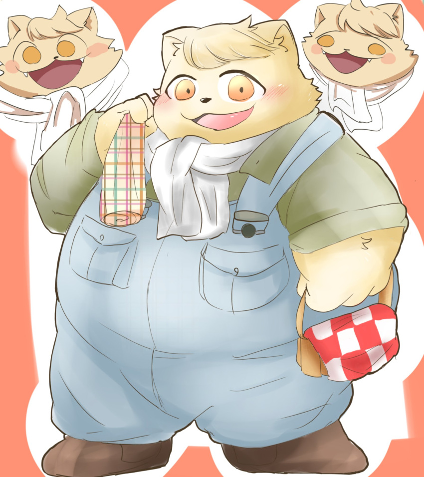 anthro blush boron_brioche clothing cyberconnect2 domestic_cat felid feline felineko felis fuga:_melodies_of_steel fur hi_res little_tail_bronx male mammal overalls overweight overweight_male scarf solo white_body white_fur yellow_eyes zdubian528