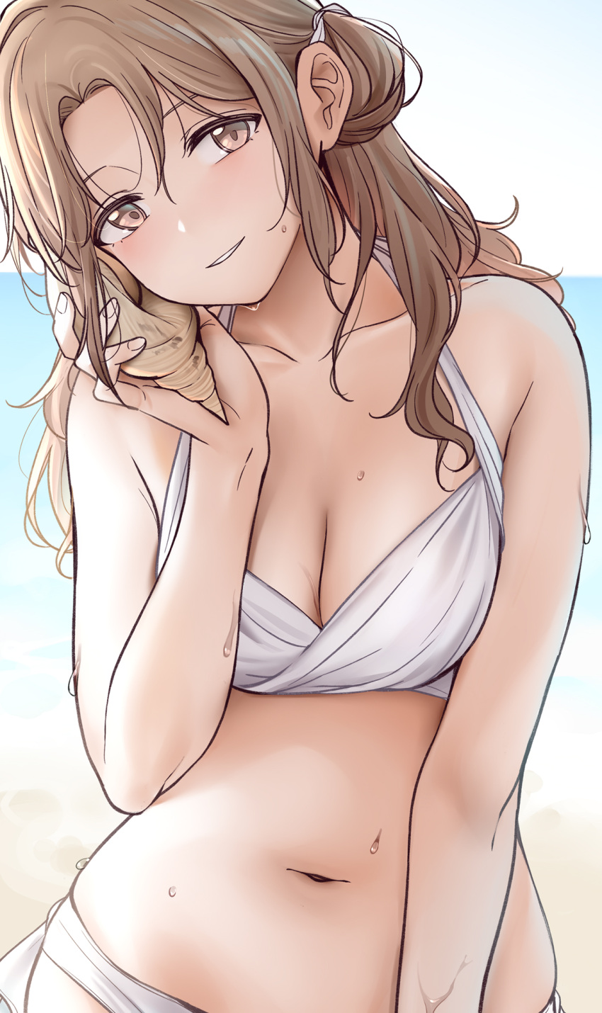 beach bikini breasts brown_eyes brown_hair cleavage female hair_between_eyes highres holding holding_shell ichikawa_hinana idolmaster idolmaster_shiny_colors long_hair looking_at_viewer medium_breasts nakamura_rohane navel ocean outdoors shell smile solo swimsuit wet white_bikini