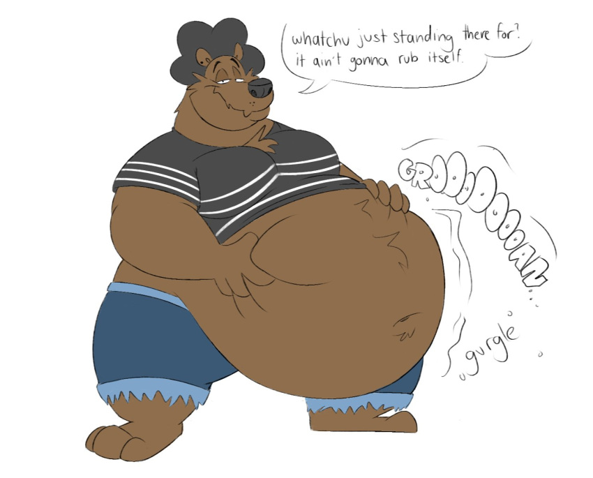 2022 anthro barefoot bear belly belly_grab big_belly bodily_noises bottomwear clothed clothing dialogue different_sound_effects ear_piercing english_text extended_sound_effect fan_character feet hair hand_on_belly looking_at_viewer male mammal mouth_closed narrowed_eyes navel obese obese_anthro obese_male onomatopoeia overweight overweight_anthro overweight_male piercing praceph rumbling_stomach shirt shorts smile smiling_at_viewer solo sound_effect_variant sound_effects speech_bubble standing talking_to_viewer text topwear