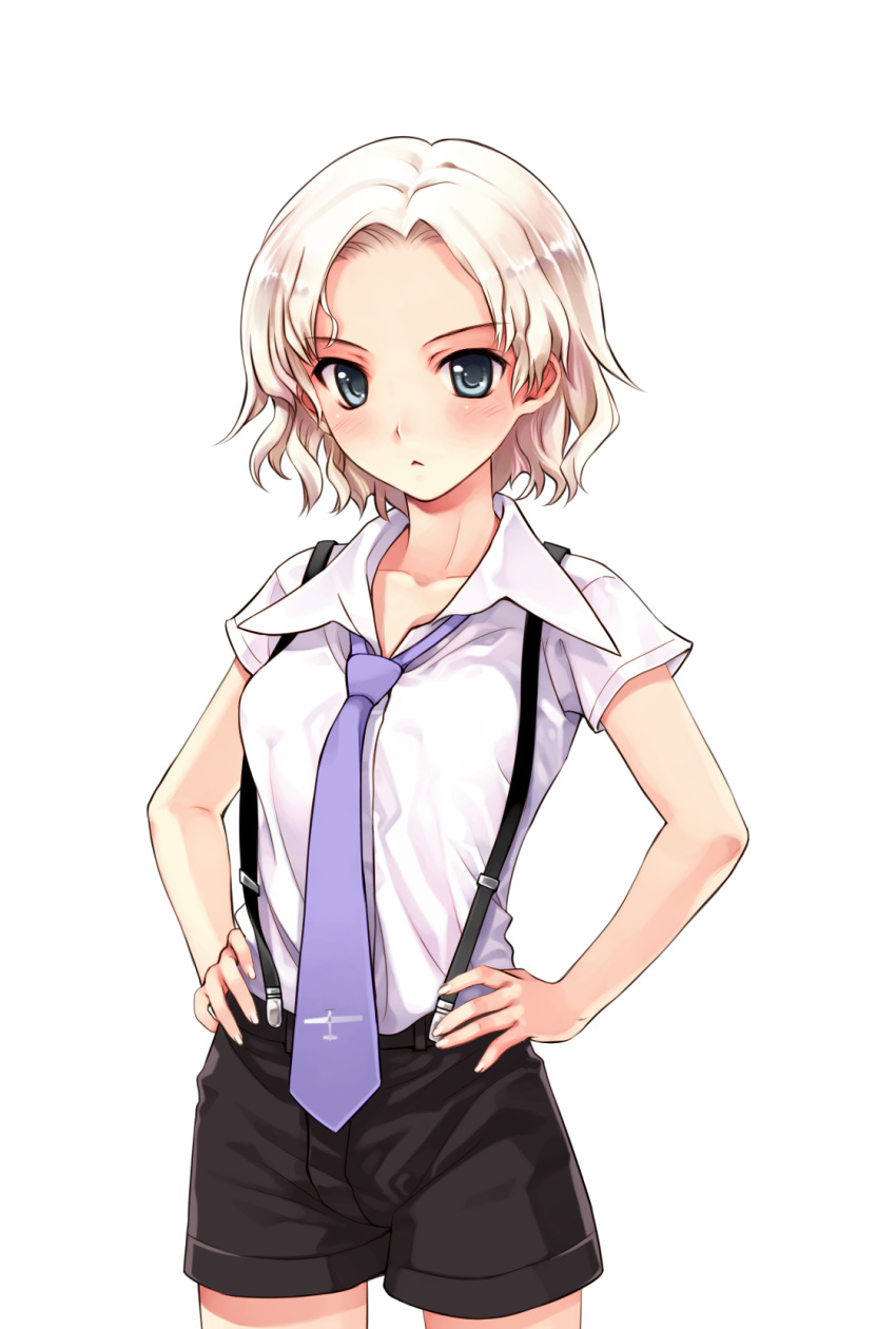 black_shorts blonde_hair blush closed_mouth collarbone cowboy_shot cwind dress_shirt female game_cg grey_eyes hair_intakes hanami_mariya hands_on_own_hips highres misaki_kurehito necktie purple_necktie shirt short_hair short_shorts short_sleeves shorts smile_cubic! solo standing suspender_shorts suspenders tachi-e transparent_background white_shirt