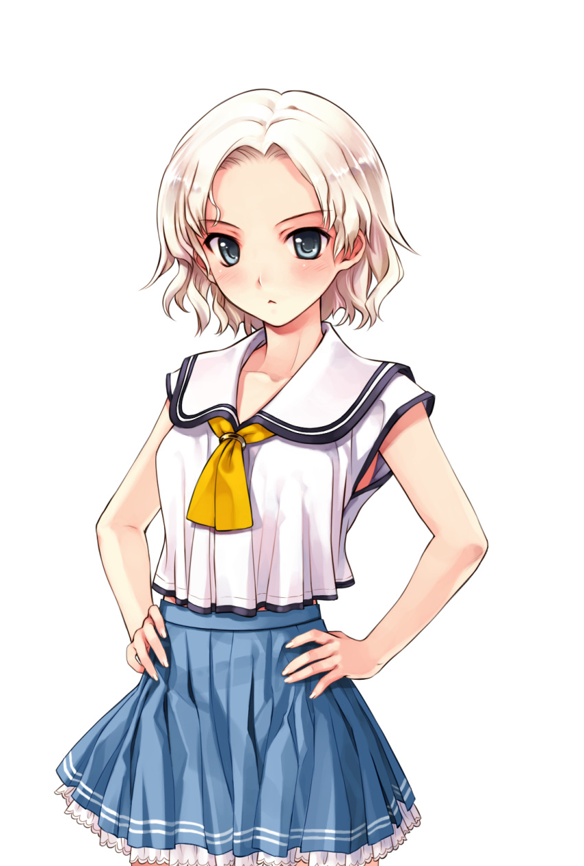 blonde_hair blue_skirt closed_mouth collared_shirt cowboy_shot female game_cg grey_eyes hair_intakes hanami_mariya hands_on_own_hips highres layered_skirt miniskirt misaki_kurehito neckerchief pleated_skirt sailor_collar sailor_shirt school_uniform shirt short_hair skirt sleeveless sleeveless_shirt smile_cubic! solo standing tachi-e transparent_background white_sailor_collar white_shirt yellow_neckerchief