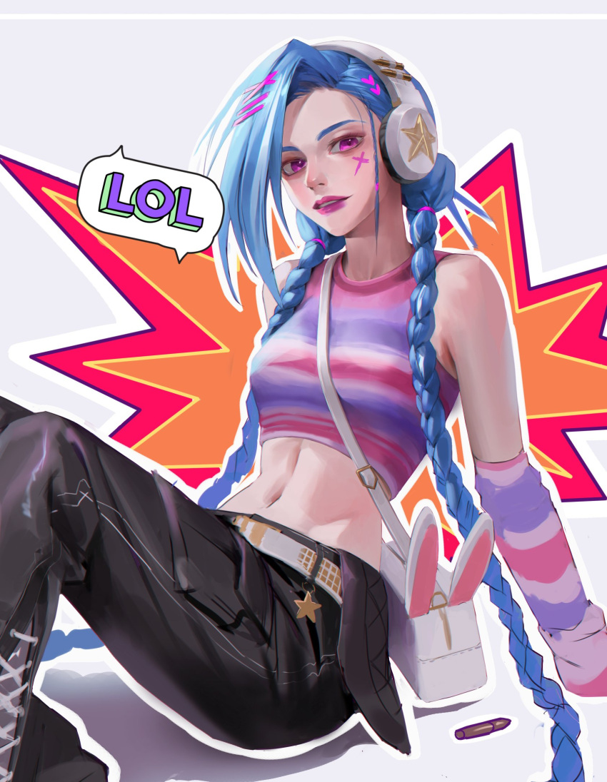 alternate_costume asymmetrical_bangs bag bare_shoulders belt black_pants blue_hair bullet female grey_belt headphones highres jinx_(league_of_legends) knees_up league_of_legends long_hair navel outline pants pink_eyes pink_lips shirt shoulder_bag solo speech_bubble stomach striped_clothes striped_shirt striped_sleeves syami_(choiimi) teeth twintails white_background white_outline