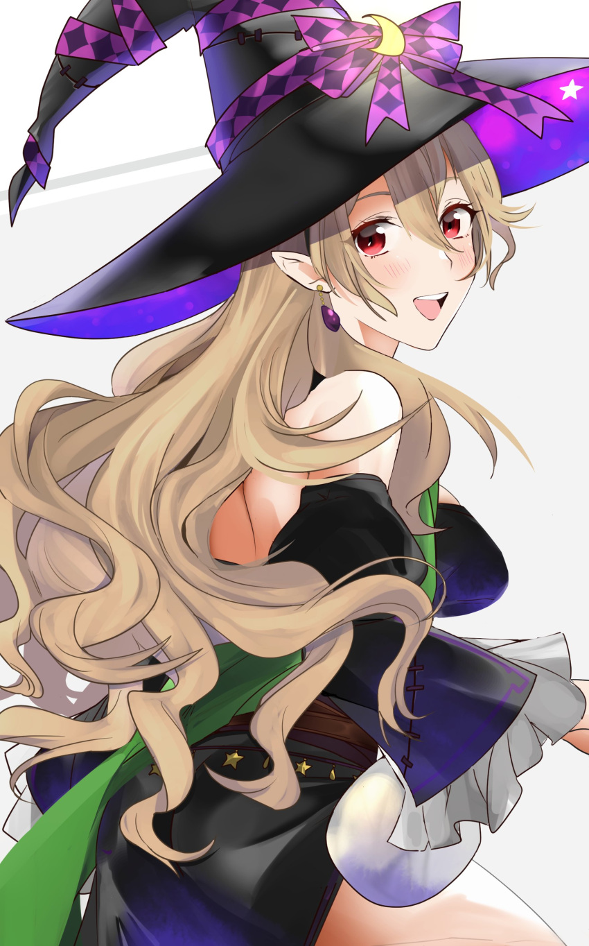 absurdres back bare_shoulders black_dress black_hat black_sleeves blush breasts commentary_request corrin_(female)_(fire_emblem) corrin_(female)_(halloween)_(fire_emblem) corrin_(fire_emblem) detached_sleeves dress earrings female fire_emblem fire_emblem_fates fire_emblem_heroes from_behind grey_hair hair_between_eyes halloween halloween_costume hat highres jewelry long_hair looking_at_viewer medium_breasts official_alternate_costume open_mouth pointy_ears red_eyes simple_background smile solo sou_mei teeth upper_teeth_only white_background witch witch_hat