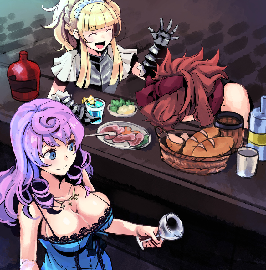 3girls ^_^ bad_id bad_pixiv_id bandana basket blonde_hair blue_eyes bread breasts closed_eyes food from_above gauntlets glass highres indoors large_breasts long_hair missy_(sekaiju) multiple_girls open_mouth orange_hair princess_(sekaiju) princess_2_(sekaiju) purple_hair sekaiju_no_meikyuu sekaiju_no_meikyuu_3 tiara tubameraamen warrior_(sekaiju) warrior_3_(sekaiju)