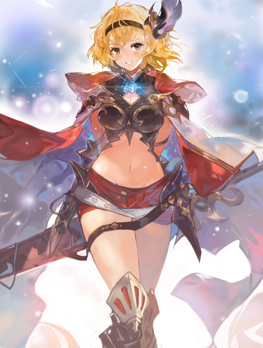 absurdres alchemaniac belt blonde_hair blush breasts brown_eyes cape cleavage_cutout clothing_cutout conqueror_of_the_eternals djeeta_(granblue_fantasy) female granblue_fantasy hair_ornament hairband highres large_breasts looking_at_viewer medium_hair mole mole_under_eye navel red_cape red_shorts short_shorts shorts smile solo stomach