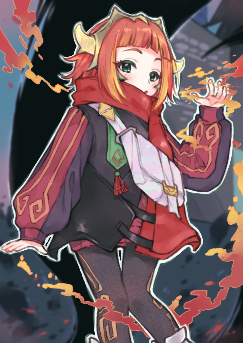 absurdres annie_(league_of_legends) bag blonde_hair blunt_bangs blush female fire glowing glowing_horns green_eyes highres horns jacket kukai league_of_legends looking_at_viewer lunar_beast_annie multicolored_hair open_mouth orange_hair outdoors outline short_hair sleeves_past_wrists solo tree white_bag white_outline