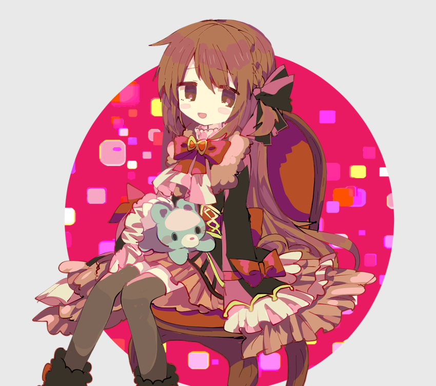 :d bow brown_eyes brown_hair chair dress female frilled_dress frilled_sleeves frills hair_ribbon long_sleeves magia_record:_mahou_shoujo_madoka_magica_gaiden magical_girl mahou_shoujo_madoka_magica on_chair open_mouth red_bow red_ribbon ribbon satomi_touka sitting sleeves_past_fingers sleeves_past_wrists smile socks solo stuffed_animal stuffed_toy teddy_bear thighhighs usagi_nui