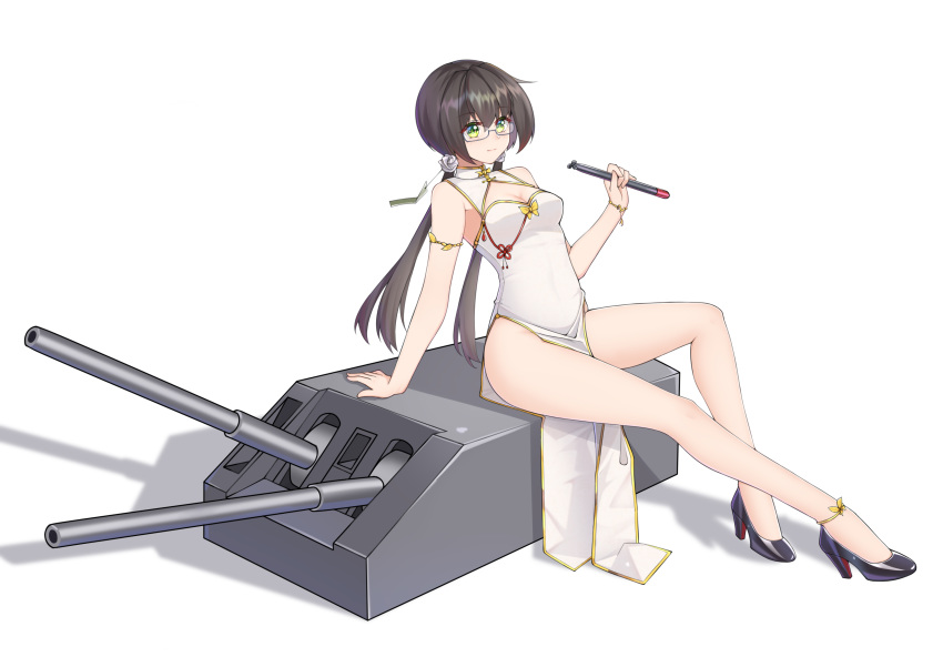 absurdres agano_(warship_girls_r) black_footwear black_hair breasts cannon china_dress chinese_clothes cleavage_cutout clothing_cutout dress female glasses green_eyes high_heels highres holding holding_torpedo ironmarch long_hair low_twintails pelvic_curtain side_slit sitting sleeveless sleeveless_dress small_breasts solo torpedo turret twintails warship_girls_r white_dress