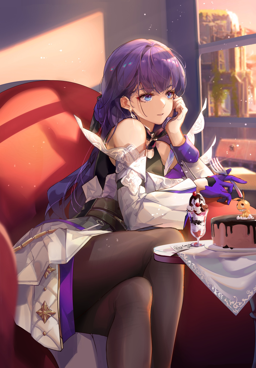 absurdres bandages bare_shoulders birthday_cake brown_pantyhose cake chair crossed_legs earrings female food fork gloves hand_on_own_cheek hand_on_own_face happy_birthday highres holding holding_fork homu_(honkai_impact) honkai_(series) honkai_impact_3rd ice_cream jewelry long_hair long_sleeves off-shoulder_shirt off_shoulder orange_sky pantyhose purple_eyes purple_gloves purple_hair raiden_mei raiden_mei_(apho) second-party_source shirt single_glove sitting sky solo sundae table white_shirt window zomzomzomsauce