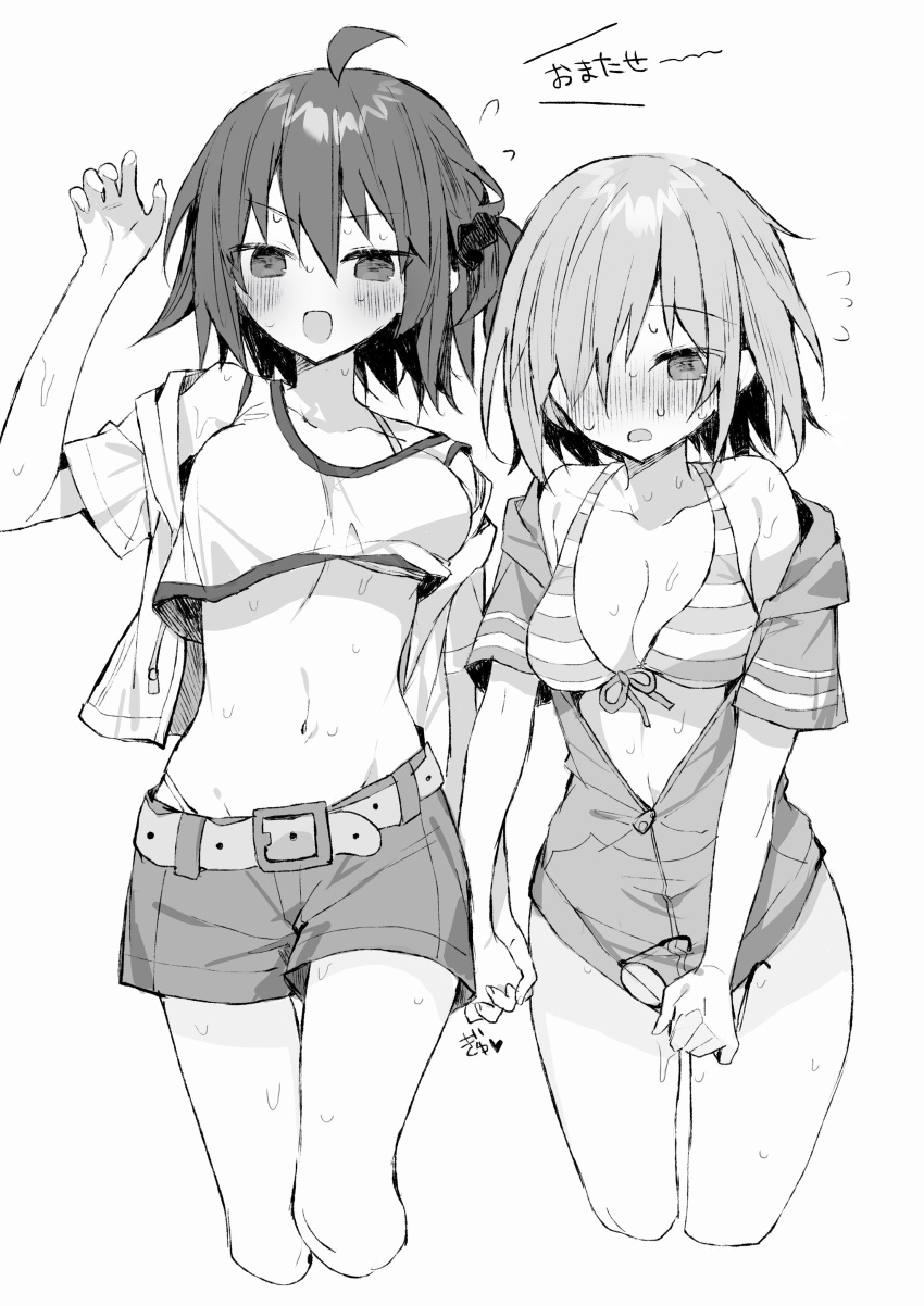 2girls absurdres ahoge belt bikini blush breasts bug cleavage commentary_request crop_top cropped_jacket cropped_legs fate/grand_order fate_(series) fly frown fujimaru_ritsuka_(female) fujimaru_ritsuka_(female)_(summer_street) greyscale hair_between_eyes hair_over_one_eye highres holding holding_hands holding_removed_eyewear jacket long_sleeves mash_kyrielight mash_kyrielight_(swimsuit_of_perpetual_summer_ver.02) medium_breasts medium_hair monochrome multiple_girls open_mouth partially_unzipped shorts simple_background smile striped_bikini striped_clothes swimsuit tomo_(ryo_i_so_) unworn_eyewear white_background yuri