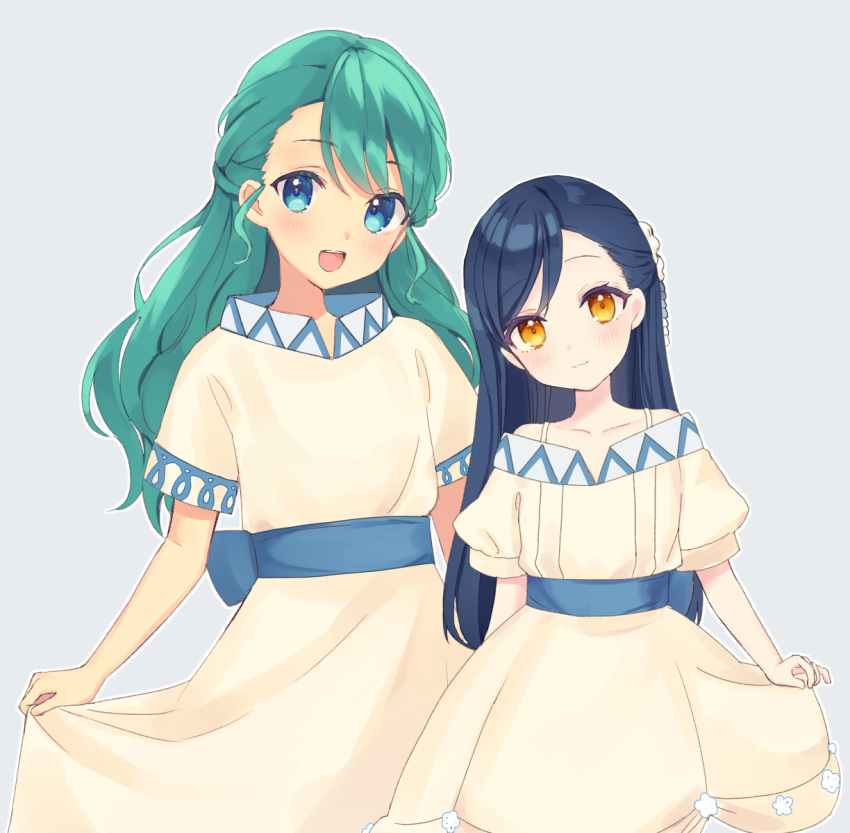 2girls :d blue_bow blue_eyes blue_hair blush bow brown_dress brown_eyes closed_mouth collarbone commentary_request dress green_eyes grey_background head_tilt highres honzuki_no_gekokujou multiple_girls myne_(honzuki_no_gekokujou) off-shoulder_dress off_shoulder open_mouth outline puffy_short_sleeves puffy_sleeves rimo short_sleeves siblings simple_background sisters skirt_hold smile swept_bangs tuuli_(honzuki_no_gekokujou) white_outline