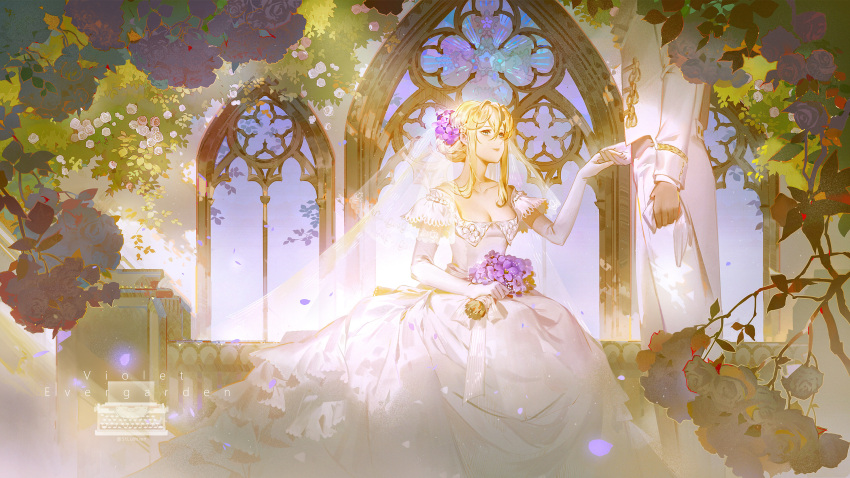 1boy arm_at_side ascot bare_shoulders blonde_hair blue_eyes boots bouquet breasts bridal_veil bride character_name character_request cleavage copyright_name dress elbow_gloves english_commentary female flower gloves hair_between_eyes hair_bun hand_on_another's_hand handkerchief happy head_out_of_frame highres holding holding_bouquet holding_handkerchief jacket jinn_avalon looking_at_another looking_up medium_hair name_connection object_namesake outstretched_arm pants plant purple_flower ribbon rose rose_bush sidelocks single_hair_bun sitting smile solo_focus standing straight tailcoat typewriter veil violet_(flower) violet_evergarden violet_evergarden_(series) wedding wedding_dress white_dress white_gloves white_jacket white_pants window