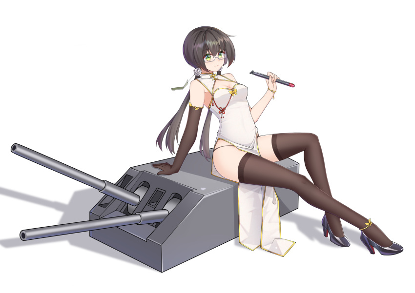 absurdres agano_(warship_girls_r) black_footwear black_gloves black_hair black_thighhighs breasts cannon china_dress chinese_clothes cleavage_cutout clothing_cutout dress elbow_gloves female glasses gloves green_eyes high_heels highres holding holding_torpedo ironmarch long_hair low_twintails pelvic_curtain side_slit single_elbow_glove single_glove sitting sleeveless sleeveless_dress small_breasts solo thighhighs torpedo turret twintails warship_girls_r white_dress