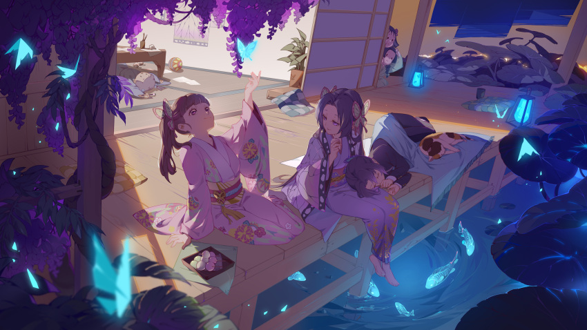 6+girls absurdres animal_print ball black_hair blue_butterfly blunt_bangs bug butterfly butterfly_hair_ornament butterfly_print closed_eyes closed_mouth dango feline fish flower food hair_ornament highres japanese_clothes jsxn123 kimetsu_no_yaiba kimono kochou_kanae kochou_shinobu koi lantern lap_pillow lying lying_on_lap medium_hair multiple_girls nakahara_sumi night on_back on_side outdoors peeping pillow plant poster_(object) purple_eyes sanshoku_dango short_hair side_ponytail sitting sleeping sleeping_on_person smile table takada_naho temari_ball terauchi_kiyo tsuyuri_kanao wagashi water wisteria