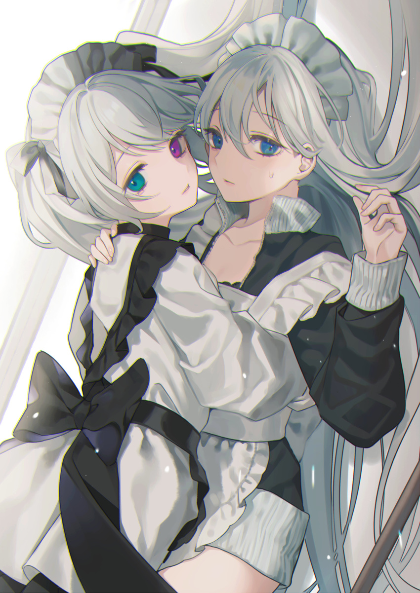 25-ji_miku 2girls absurdres apron back_bow black_apron black_jacket blue_eyes bow closed_mouth collarbone commentary cowboy_shot cowgirl_position daimaou_ruaeru frilled_apron frills green_eyes grey_hair hatsune_miku heterochromia highres jacket long_hair long_sleeves looking_at_viewer lying maid maid_headdress multiple_girls on_back open_clothes open_jacket parted_lips project_sekai purple_eyes sweatdrop twintails very_long_hair vocaloid white_apron yoisaki_kanade yuri