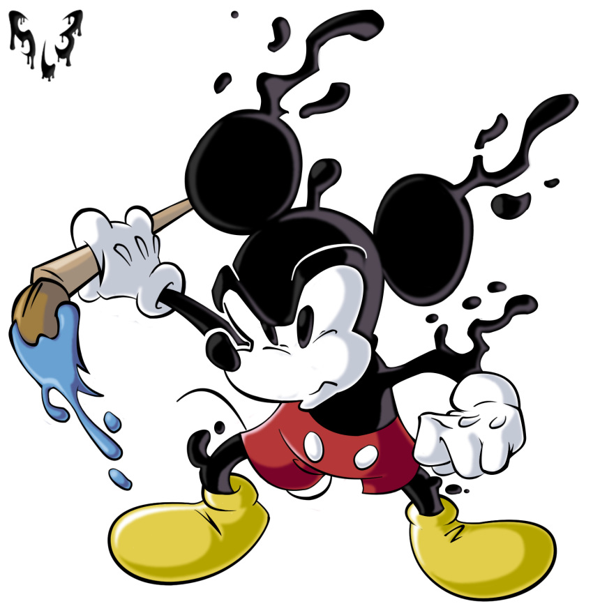 anthro black_body black_fur brush clothed clothing disney epic_mickey fur gloves handwear hi_res holding_brush holding_object holding_paintbrush male mammal mickey_mouse mouse murid murine paintbrush rodent simple_background slb solo topless white_background white_body white_fur