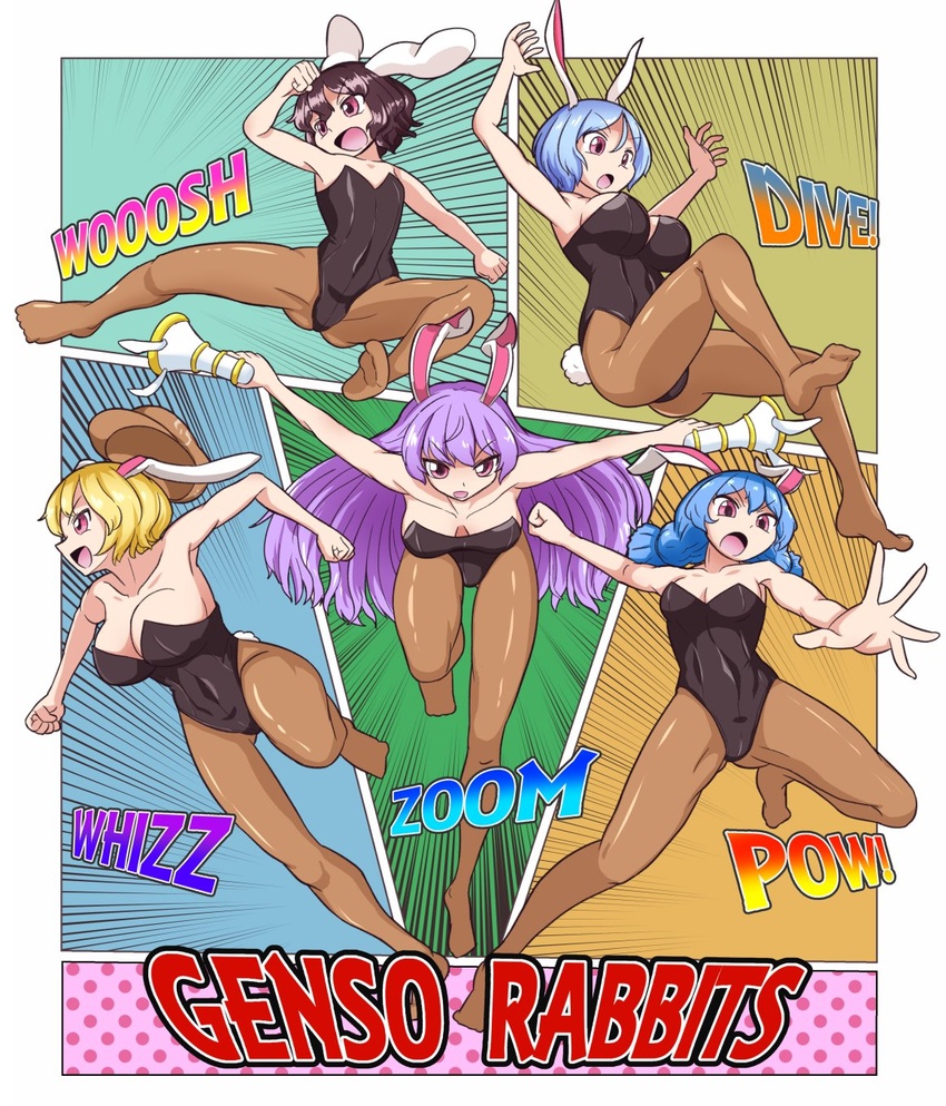 5girls alternate_costume animal_ears arm_up arms_up bare_shoulders black_leotard blonde_hair blue_hair breasts brown_hair cabbie_hat clenched_hand clenched_hands collarbone covered_navel dual_wielding floppy_ears flying_kick hair_between_eyes hand_up hat highres holding igu_(103milk) inaba_tewi kicking large_breasts leotard long_hair lunatic_gun medium_breasts motion_lines multiple_girls no_shoes open_mouth outstretched_arms pantyhose playboy_bunny polka_dot purple_eyes purple_hair rabbit_ears rabbit_girl rabbit_tail red_eyes reisen_(touhou_bougetsushou) reisen_udongein_inaba ringo_(touhou) seiran_(touhou) short_hair small_breasts sound_effects spread_arms strapless strapless_leotard tail text_focus touhou twintails very_long_hair