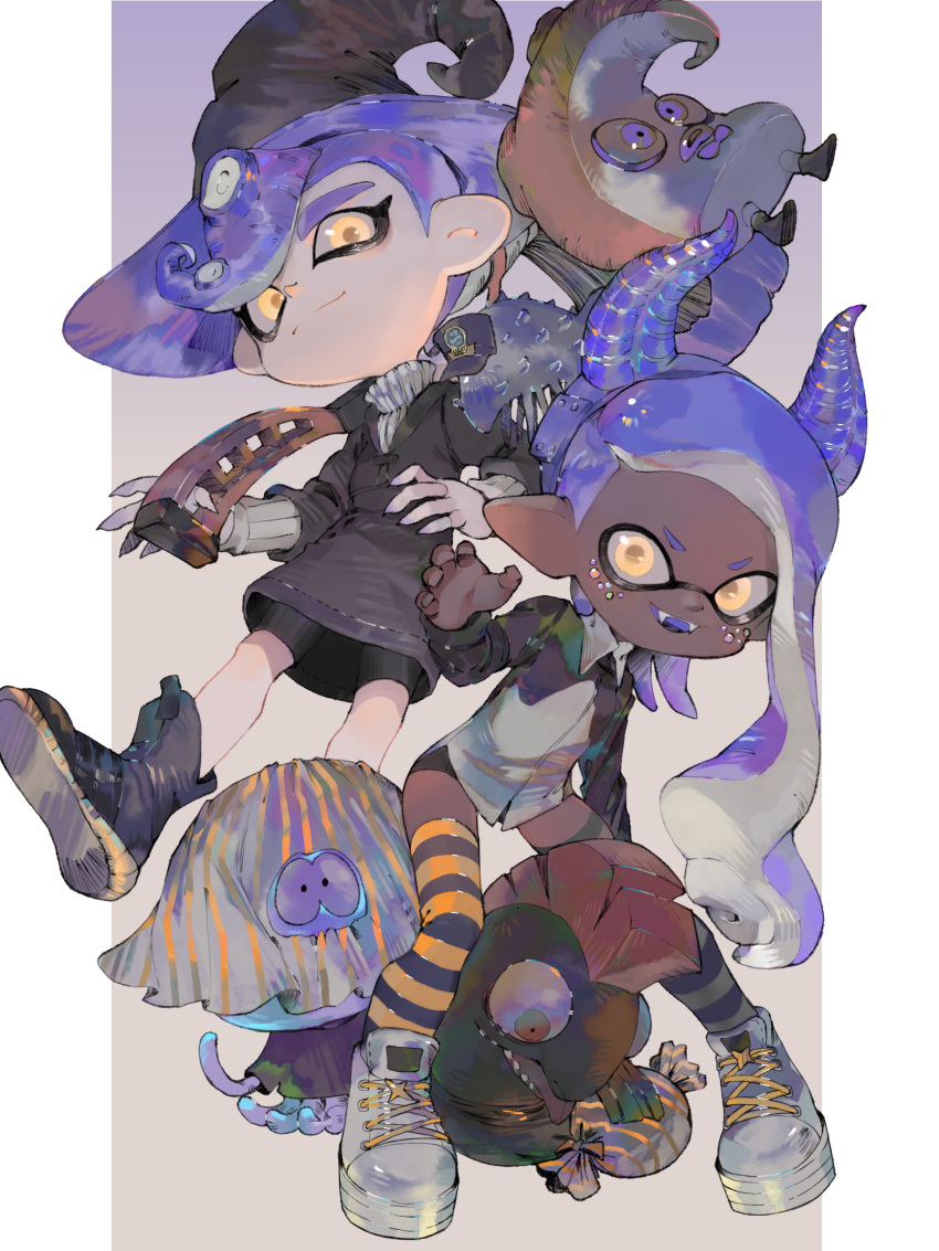 1boy :d asymmetrical_legwear bad_id bad_pixiv_id blue_hair blue_hairband c.q._cumber_(splatoon) candy chum_(splatoon) closed_mouth dark_skin demon_horns fake_horns fangs female food hairband halloween highres horns inkbrush_(splatoon) inkling inkling_girl inkling_player_character jellyfish_(splatoon) legs_apart long_hair long_sleeves looking_at_viewer mismatched_legwear mohawk octarian_(enemy) octoling octoling_boy octoling_player_character octotrooper open_mouth paint paintbrush pointy_ears salmonid sea_cucumber shoes smile splatoon_(series) splatoon_2 splatoon_2:_octo_expansion standing striped_clothes striped_thighhighs suction_cups teeth tentacle_hair thighhighs urutora v-shaped_eyebrows very_dark_skin yellow_eyes zettai_ryouiki