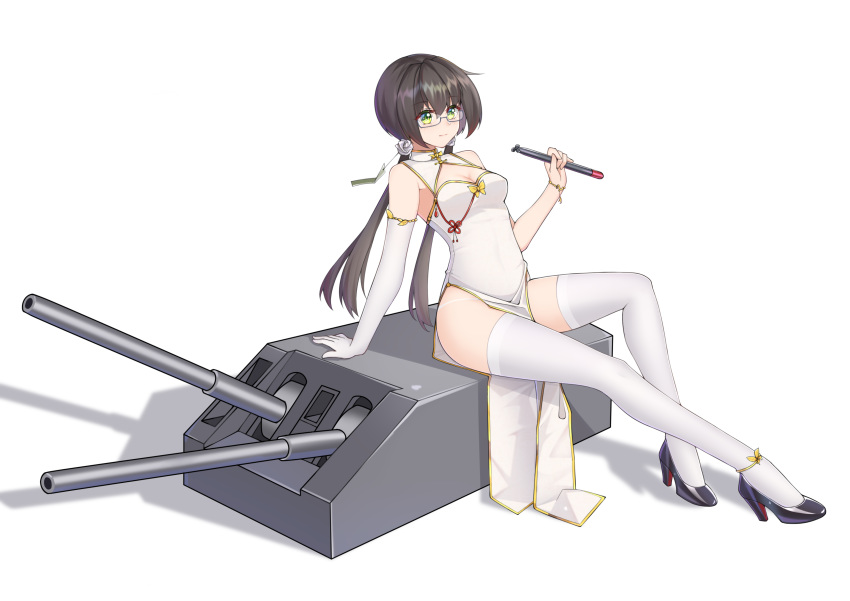 absurdres agano_(warship_girls_r) black_footwear black_hair breasts cannon china_dress chinese_clothes cleavage_cutout clothing_cutout dress elbow_gloves female glasses gloves green_eyes high_heels highres holding holding_torpedo ironmarch long_hair low_twintails pelvic_curtain side_slit single_elbow_glove single_glove sitting sleeveless sleeveless_dress small_breasts solo thighhighs torpedo turret twintails warship_girls_r white_dress white_gloves white_thighhighs