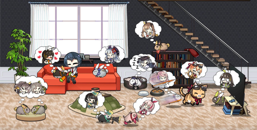 >_< 404_(girls'_frontline) 6+girls :3 alternate_costume anger_vein animal_ears anti-rain_(girls'_frontline) black_bow black_hair blush book bookshelf bow bowl braid carrot cat_ears cat_tail character_request chibi collar commentary controller couch crying crying_with_eyes_open curtains eating english_commentary eyepatch eyewear_on_head feline female_commander_(girls'_frontline) flower g11_(girls'_frontline) g11_(the_rex_rabbit_in_search_of_courage)_(girls'_frontline) game_controller girls'_frontline gloves green_hair grey_hair guard_rail hair_flower hair_ornament hair_ribbon hat heart highres hk416_(girls'_frontline) hk416_(herbal-flavored_hard_candy)_(girls'_frontline) indoors kalina_(girls'_frontline) kalinya korean_commentary kotatsu long_hair m16a1_(girls'_frontline) m16a1_(the_one-eyed_rabbit_knight)_(girls'_frontline) m4_sopmod_ii_(girls'_frontline) m4_sopmod_ii_(the_guarded_beloved)_(girls'_frontline) m4a1_(a_girl's_hot_air_balloon_adventure)_(girls'_frontline) m4a1_(girls'_frontline) megaphone multicolored_hair multiple_girls necktie o_o official_alternate_costume orange_hair paw_print pencil pet_bed pet_bowl pillow pink_hair plant pot rabbit rabbit_ears red_ribbon ribbon ro635_(girls'_frontline) ro635_(guardian_in_the_rye)_(girls'_frontline) saru_(style) scar scar_across_eye scar_on_face shelf short_hair side_ponytail sleeping speed_lines spiral st_ar-15_(girls'_frontline) st_ar-15_(top_hat_drifting_to_the_flowers)_(girls'_frontline) stairs streaked_hair sunglasses table tail tears television the_mad_mimic top_hat ump40_(girls'_frontline) ump40_(the_wish-preserving_witch_of_shadows)_(girls'_frontline) ump45_(girls'_frontline) ump45_(the_wish-making_sorceress_of_fireworks)_(girls'_frontline) ump9_(girls'_frontline) ump9_(the_wish-granting_sorceress_of_fireworks)_(girls'_frontline) white_gloves window zzz