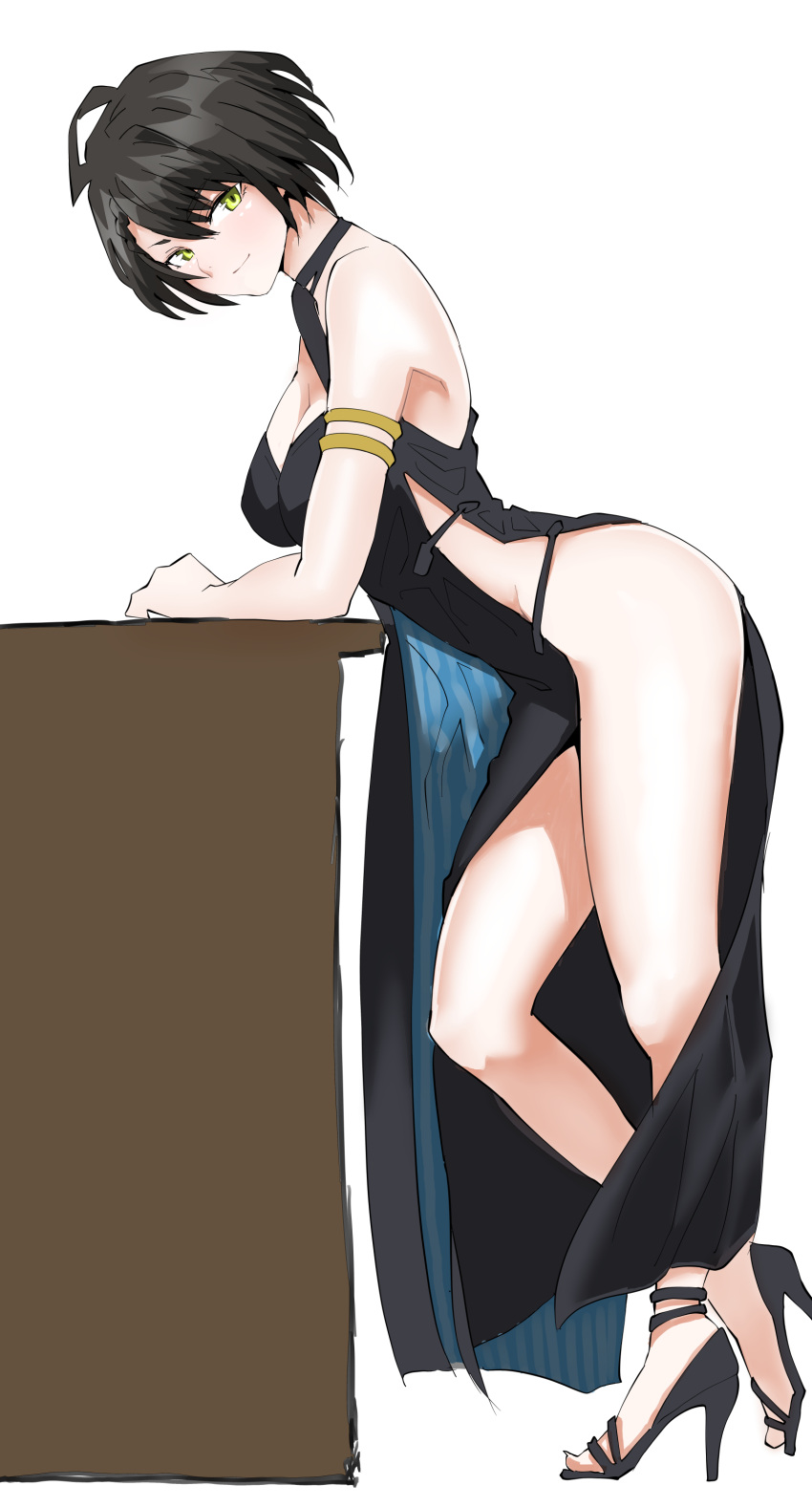 absurdres azur_lane baltimore_(azur_lane) baltimore_(evening_breeze_minuet)_(azur_lane) black_dress black_footwear black_hair breasts cleavage commentary_request desk dress evening_gown female hair_between_eyes high_heels highres kimuwaipu large_breasts leaning_forward looking_at_viewer looking_to_the_side official_alternate_costume short_hair side_slit simple_background single_bare_shoulder smile solo thighs white_background yellow_eyes