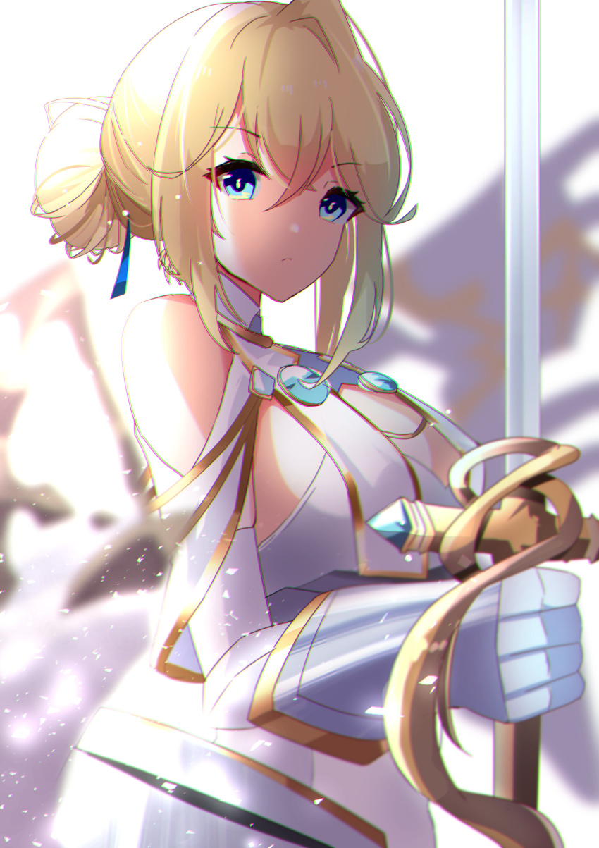 absurdres armor azur_lane blonde_hair blue_eyes blue_ribbon breasts commentary_request expressionless female gauntlets hair_bun highres jeanne_d'arc_(azur_lane) large_breasts looking_at_viewer one-hour_drawing_challenge rapier ribbon single_hair_bun solo sword weapon yamaha_tsui