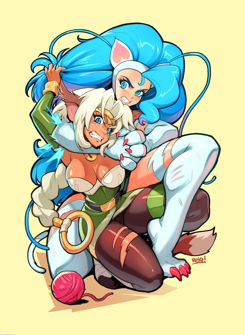 aisha_clanclan animal_humanoid ball_of_yarn bell bell_collar big_breasts big_hair blue_eyes blue_hair braided_hair braided_ponytail breasts brown_body brown_skin capcom cat_humanoid cleavage clenched_teeth clothed clothing collar crossover ctarl-ctarl dark_body dark_skin darkstalkers digital_media_(artwork) dipstick_tail duo eyebrows fangs felicia_(darkstalkers) felid felid_humanoid feline feline_humanoid female female_humanoid fight fur hair headlock hi_res humanoid light_body light_skin mammal mammal_humanoid markings motion_lines outlaw_star paws ponytail pulling_hair reiq scratches sharp_teeth simple_background tail tail_markings teeth thick_eyebrows third-party_edit torn_clothing touching_hair white_body white_fur white_hair yarn