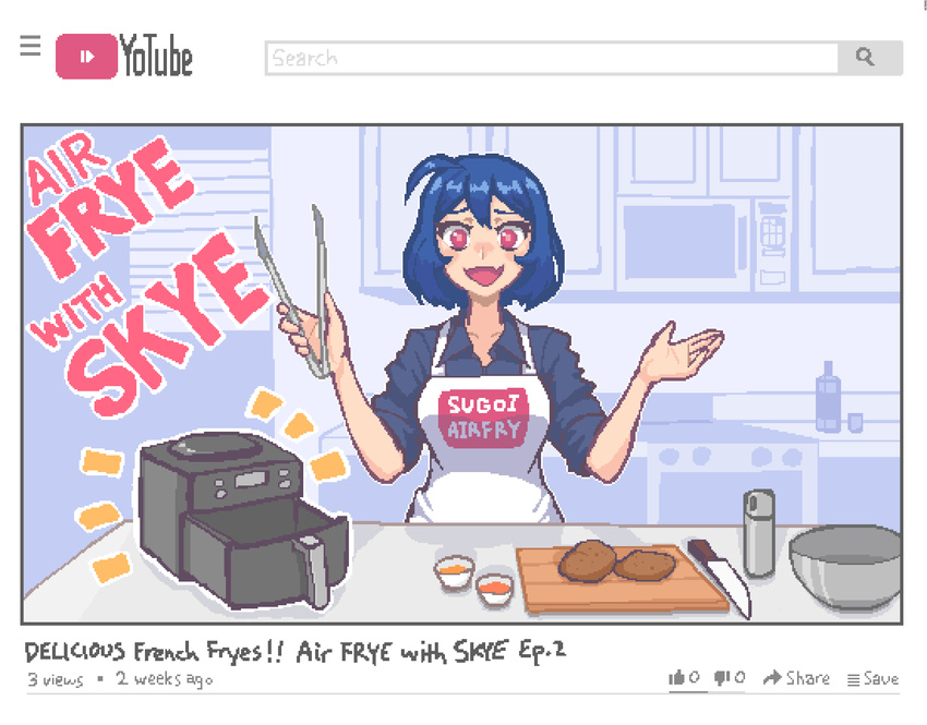 ahoge air_fryer apron blue_hair blue_shirt brand_name_imitation breasts collarbone collared_shirt commentary cooking cutting_board english_commentary female food hair_between_eyes hcnone highres kitchen kitchen_knife large_breasts looking_at_viewer meme_attire microwave oerba_yun_fang open_mouth original pink_eyes pixel_art romaji_text shirt short_hair short_sleeves skye_(hcnone) sleeves_rolled_up smile solo sugoi_dekai tongs white_apron youtube