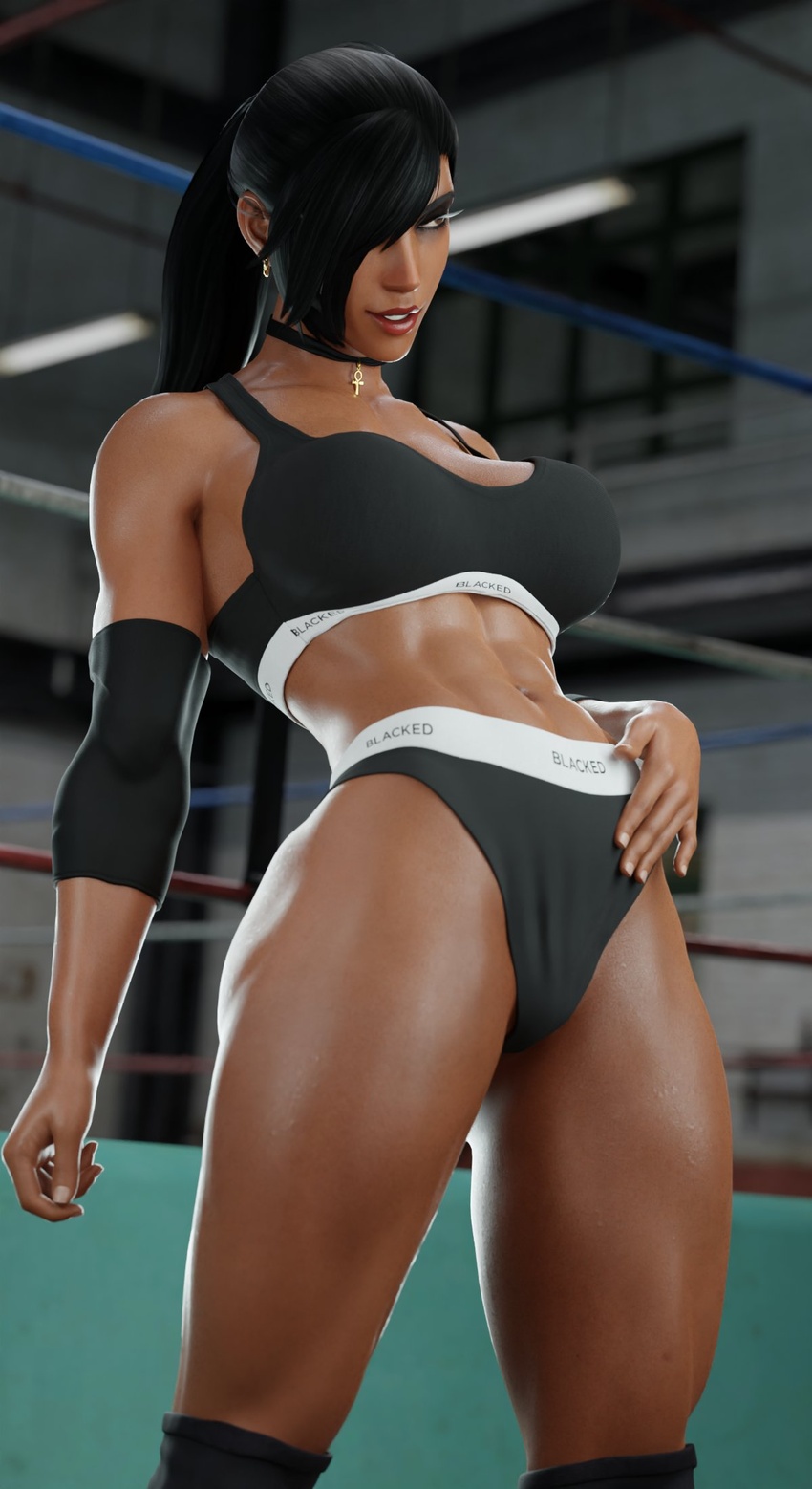 1girls 3d abs athletic athletic_female big_breasts black_hair blacked blacked_clothing blizzard_entertainment breasts choker dark-skinned_female dark_skin female female_only fit fit_female muscular muscular_female overwatch pharah ponytail smiling solo sports_bikini sports_bra sports_panties tanuking3d thick_thighs underwear