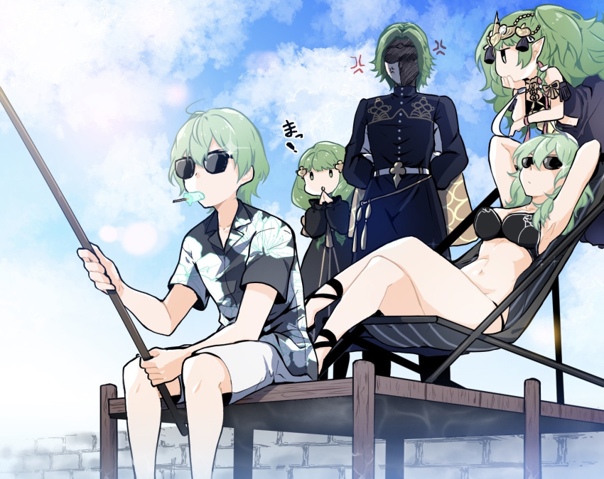 ! 2boys 3girls alternate_costume alternate_hair_color anger_vein angry armpits arms_behind_back arms_behind_head arms_up bare_shoulders belt belt_buckle bikini black_bikini blue_sky braid breasts brother_and_sister buckle byleth_(female)_(fire_emblem) byleth_(fire_emblem) byleth_(male)_(fire_emblem) cape circlet cleavage closed_mouth cloud collarbone commentary_request day dock dress eating enlightened_byleth_(female) enlightened_byleth_(male) fire_emblem fire_emblem:_three_houses fishing_rod flayn_(fire_emblem) food garreg_mach_monastery_uniform green_eyes green_hair hair_between_eyes hair_ornament hawaiian_shirt head_rest holding holding_fishing_rod ijiro_suika long_hair long_sleeves medium_breasts medium_hair multiple_boys multiple_girls navel outdoors pier pointy_ears popsicle ribbon_braid seteth_(fire_emblem) shaded_face shirt short_hair short_sleeves shorts siblings sitting sky sleeveless sothis_(fire_emblem) standing sunglasses swimsuit tiara twin_braids uniform