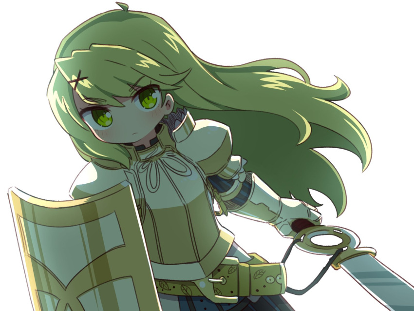 7th_dragon 7th_dragon_(series) armor armored_dress black_dress breastplate closed_mouth commentary dress female gauntlets green_eyes green_hair hair_between_eyes hair_ornament highres holding holding_sword holding_weapon kate_(7th_dragon) knight_(7th_dragon) long_hair looking_at_viewer naga_u shield simple_background solo striped_clothes striped_dress sword vertical-striped_clothes vertical-striped_dress very_long_hair weapon white_background x_hair_ornament