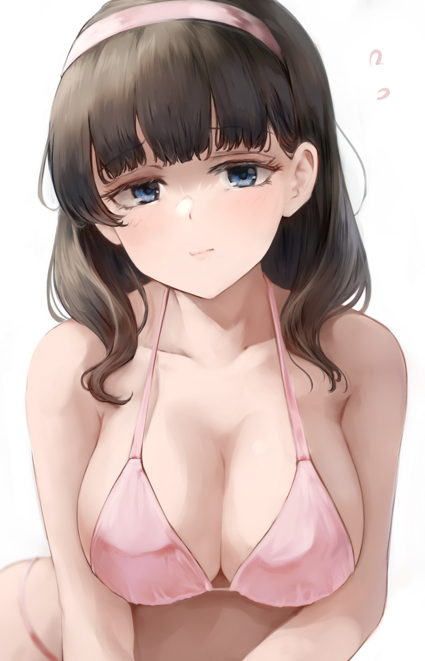 absurdres bad_id bad_twitter_id bikini black_hair blunt_bangs breasts cleavage collarbone expressionless female flying_sweatdrops hairband highres idolmaster idolmaster_cinderella_girls lamp_p9 large_breasts looking_at_viewer medium_hair pink_bikini pink_hairband sakuma_mayu simple_background solo swimsuit white_background