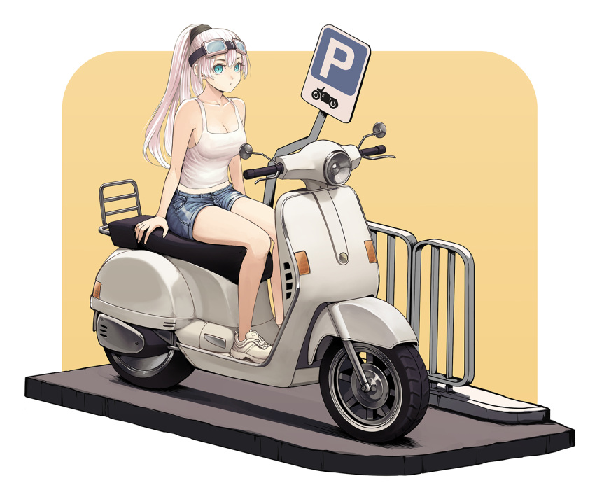 bare_arms bare_shoulders blue_eyes blue_shorts breasts brown_background camisole cleavage closed_mouth commentary_request female goggles goggles_on_head hair_between_eyes high_ponytail highres jchoy looking_at_viewer medium_breasts motor_vehicle motorcycle original parking_permissive_sign ponytail railing shoes short_shorts shorts sitting solo two-tone_background white_background white_camisole white_footwear white_hair