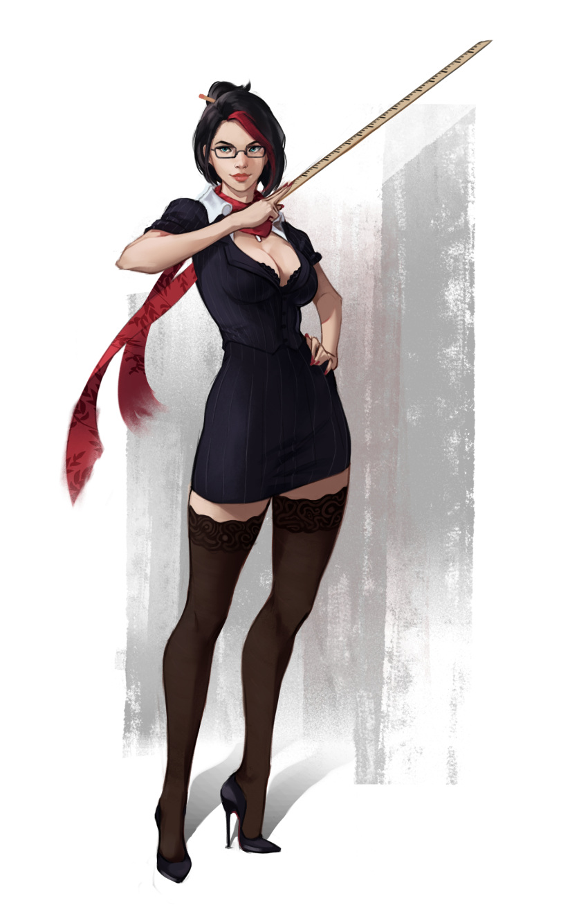 absurdres bad_id bad_pixiv_id black-framed_eyewear black_hair black_thighhighs blue_eyes bra breasts cleavage dress dulapda female fiora_(league_of_legends) formal glasses hand_on_own_hip headmistress_fiora highres holding league_of_legends multicolored_hair nail_polish pencil_dress red_hair red_nails red_scarf ruler scarf short_hair solo standing striped_clothes striped_dress swept_bangs thighhighs underwear zettai_ryouiki