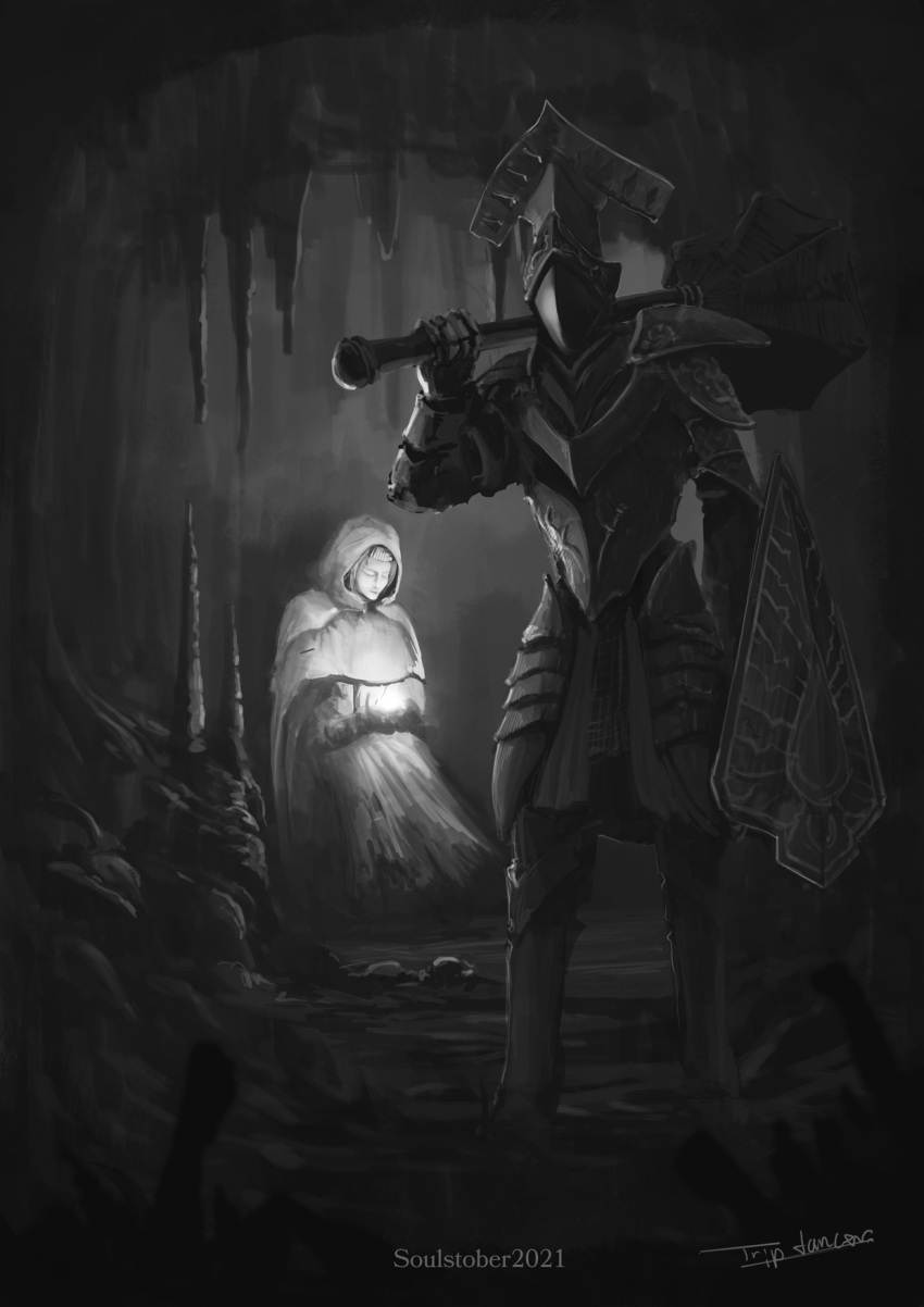 1boy armor artist_name cave demon's_souls dress facing_viewer female garl_vinland greyscale helmet highres holding holding_shield holding_weapon hood hood_up knight mace maiden_astraea monochrome over_shoulder shield shoulder_armor sitting standing tripdancer weapon weapon_over_shoulder