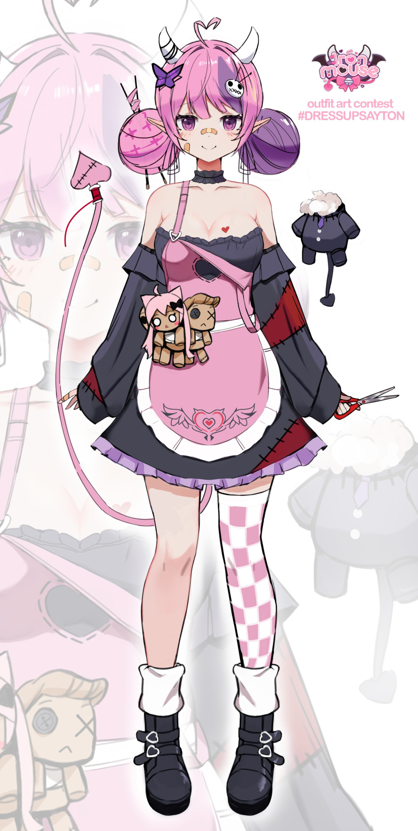 absurdres ahoge alternate_costume apron arms_at_sides bandaid bandaid_on_face bandaid_on_hand bandaid_on_nose bare_shoulders black_footwear boots breasts butterfly_hair_ornament cdawgva character_doll checkered_thighhighs choker cleavage closed_mouth demon_girl demon_horns demon_tail doll double_bun dress female frilled_choker frilled_dress frills full_body hair_bun hair_ornament hairpin heart heart_ahoge heart_tattoo highres horns ironmouse large_breasts long_sleeves multicolored_hair needle nyatasha_nyanners off-shoulder_dress off_shoulder orobou patchwork_clothes pink_hair pointy_ears purple_eyes purple_hair ringed_eyes scissors sewing_needle short_dress single_thighhigh sleeves_past_wrists smile spool stitches straight-on streaked_hair swept_bangs tachi-e tail tattoo thighhighs trash_taste virtual_youtuber vshojo