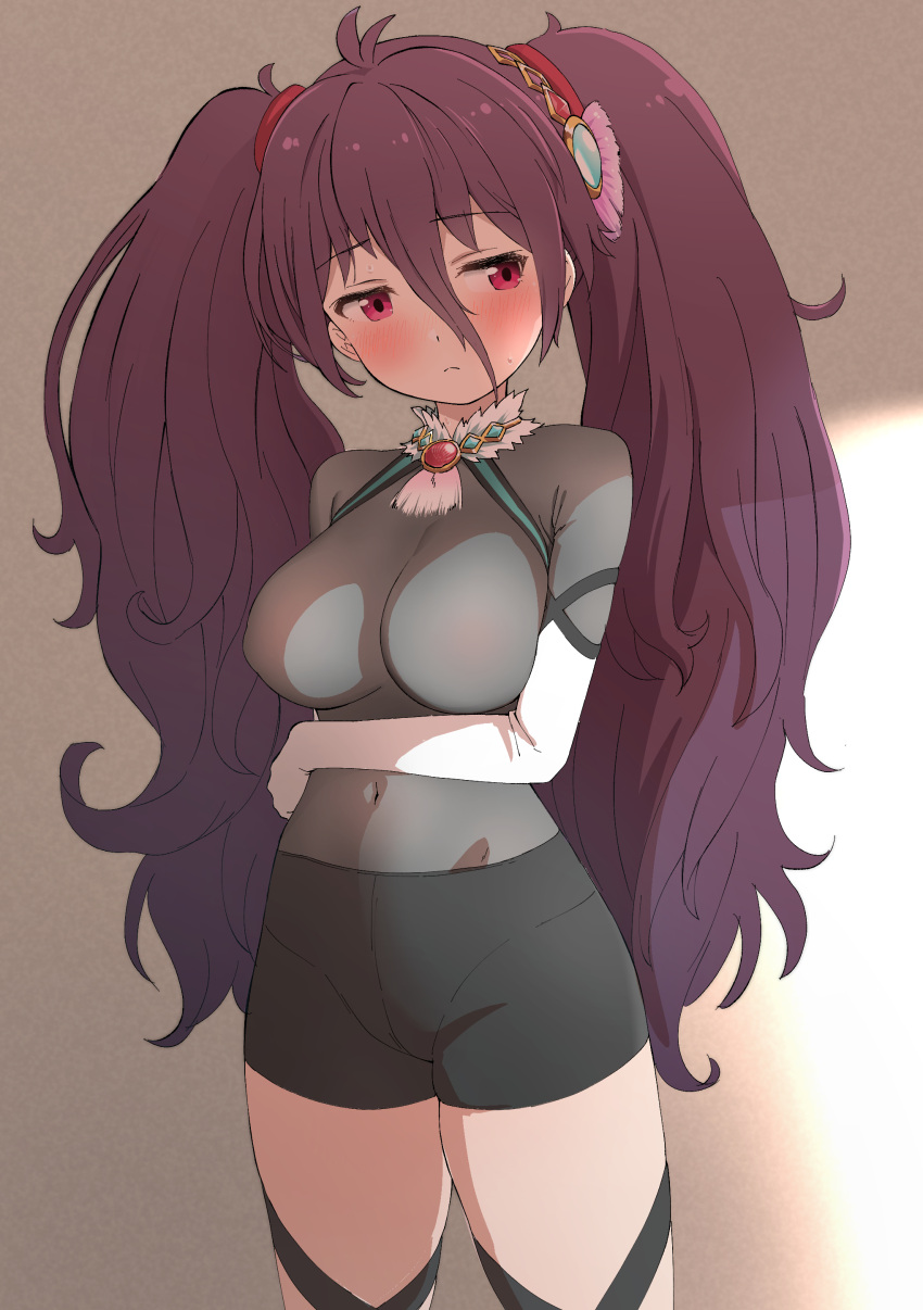 absurdres alice_gear_aegis battle_girl_high_school bike_shorts black_shorts blush breasts closed_mouth covered_navel female hair_between_eyes hair_ornament highres large_breasts long_hair messy_hair purple_hair red_eyes shorts simple_background solo standing sweat tsubuzaki_anko twintails unpasu very_long_hair