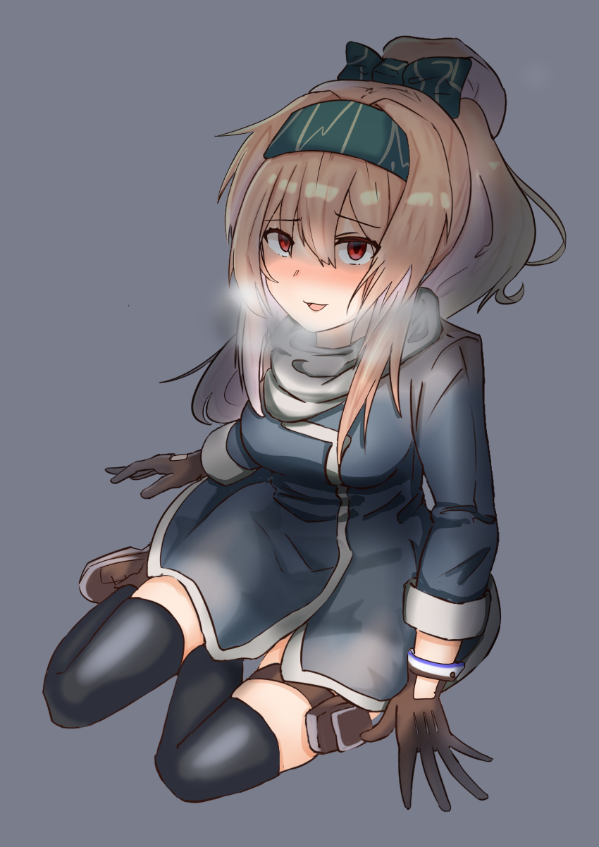 absurdres blonde_hair blush boots breath coat eyes_visible_through_hair female girls'_frontline gloves hair_between_eyes hair_ornament hair_ribbon highres long_hair looking_at_viewer micon open_mouth ponytail pouch red_eyes ribbon scarf sitting smile solo sv-98_(girls'_frontline) thigh_pouch thighhighs