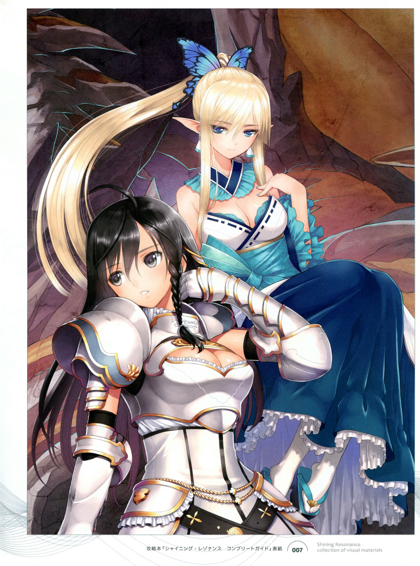 2girls absurdres armor bare_shoulders black_hair blonde_hair blue_eyes butterfly_hair_ornament detached_sleeves dress earrings elf frills hair_ornament highres jewelry kirika_towa_alma long_hair looking_away multiple_girls pointy_ears ponytail ribbon shining_(series) shining_resonance shining_resonance_collection_of_visual_materials sonia_branche tony_taka