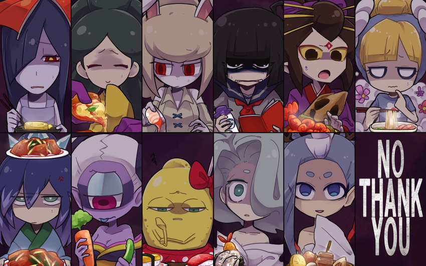 6+girls ameonna_(youkai_watch) anger_vein animal_ears bare_shoulders black_eyes black_hair blank_eyes blonde_hair blue_eyes blue_tongue book breasts brown_hair chopsticks cleavage closed_eyes colored_sclera colored_skin colored_tongue commentary_request cucumber cyclops demonade disgust drinking_straw en'enra english_text enraenra_(youkai_watch) food fruit fubukihime fujimi_gozen furooral fuumin_(youkai_watch) green_hair hair_over_one_eye half-closed_eyes high_ponytail highres holding holding_food holding_pizza itareritsukuseri izanami_(youkai_watch) japanese_clothes jiima_tarou kimono lemon long_hair medium_breasts mermaid monster_girl multicolored_hair multiple_girls no_pupils noodles noroino_hanako one-eyed open_mouth pink_eyes pizza purple_hair purple_skin rabbit_ears rabbit_girl red_eyes rice school_uniform serafuku smile snowrabby snowrose squiggle staff tongue tongue_out traditional_youkai two-tone_hair umbrella upper_body yellow_pupils yellow_sclera youkai_(youkai_watch) youkai_watch yuki_onna