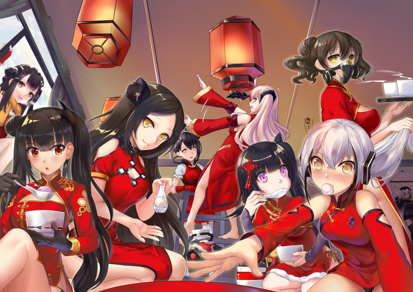 463_jun 6+girls :3 :d agent_(girls'_frontline) alternate_costume architect_(girls'_frontline) banana_(girls'_frontline) bare_shoulders barefoot beak_(girls'_frontline) black_gloves black_hair black_panties blush bowl bowl_stack breasts china_dress chinese_clothes chinese_commentary commentary_request destroyer_(girls'_frontline) detached_sleeves dinergate_(girls'_frontline) dreamer_(girls'_frontline) dress eating falling food_in_mouth fur_trim gaia_(girls'_frontline) garter_straps girls'_frontline gloves grabbing_another's_hair hair_bun hair_ornament highres hk416_(girls'_frontline) holding holding_bowl holding_spoon kneeling ladder lantern lantern_festival long_hair looking_at_viewer mask mercurows_(girls'_frontline) multiple_girls non-humanoid_robot nyto_(girls'_frontline) one_side_up open_mouth ouroboros_(girls'_frontline) outstretched_arm outstretched_hand panties pantyshot paper_lantern paradeus photo_(object) purple_eyes reaching red_dress red_gloves red_sleeves robot sangvis_ferri scarecrow_(girls'_frontline) scarf shrug_(clothing) side_ponytail single_hair_bun sitting smile snow spoon steam tangyuan tears thighhighs tray twintails underwear white_thighhighs yellow_eyes