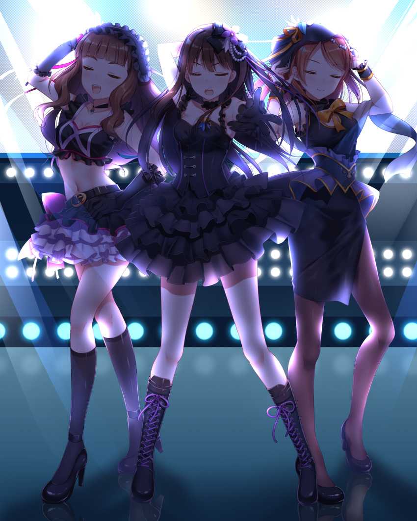 3girls :d absurdres bad_id bad_pixiv_id black_dress black_footwear black_gloves black_ribbon black_skirt black_vest blunt_bangs blush bow bowtie breasts brown_hair brown_legwear cleavage closed_eyes closed_mouth commentary_request cross-laced_footwear dancing dress frilled_skirt frills gloves grey_legwear hair_ornament hair_ribbon hand_on_own_hip hands_up high_heels highres hojo_karen ichiren_namiro idolmaster idolmaster_cinderella_girls kamiya_nao legs_apart long_hair medium_breasts multiple_girls open_mouth outstretched_arms pantyhose project_krone_(idolmaster) ribbon shibuya_rin skirt smile socks standing triad_primus_(idolmaster) vest wristband yellow_bow yellow_bowtie