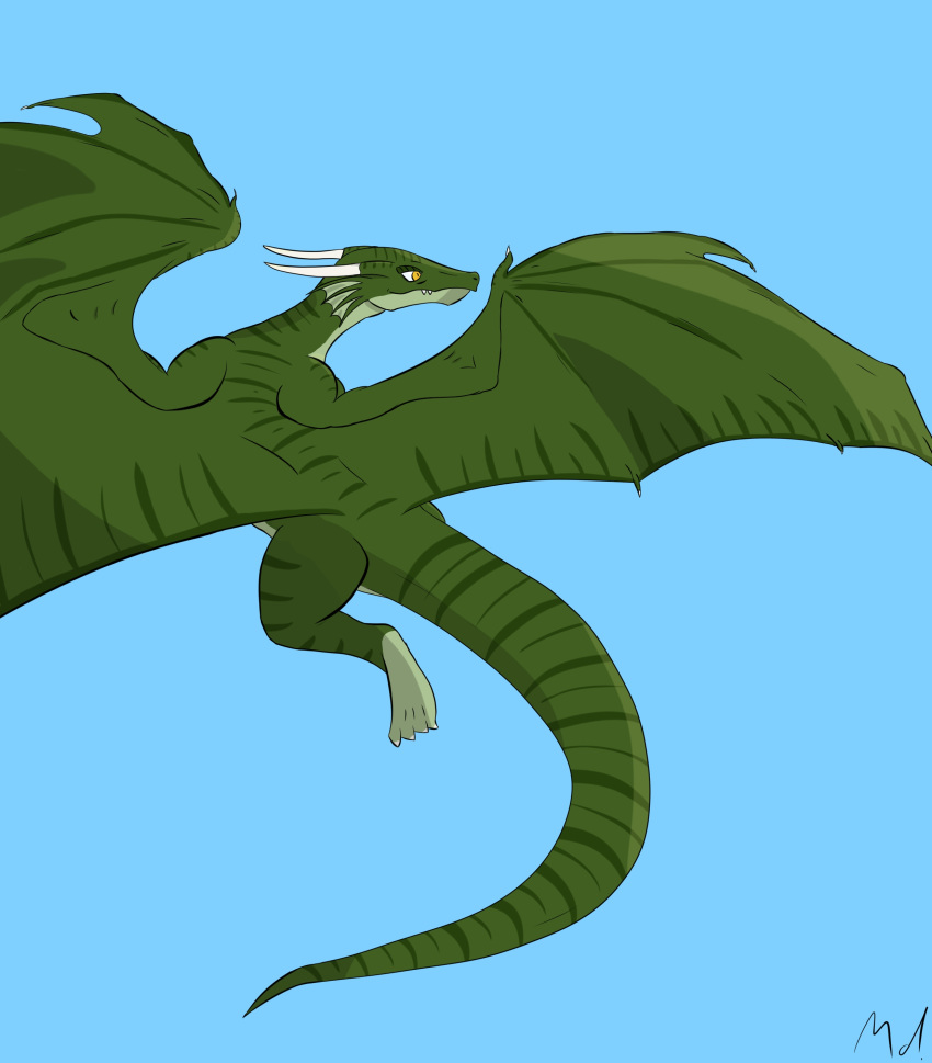 absurd_res dragon feral flying green_body green_skin hi_res hondra horn mythological_creature mythological_scalie mythology reptile scalie simple_background smile solo tail wings youmadsin