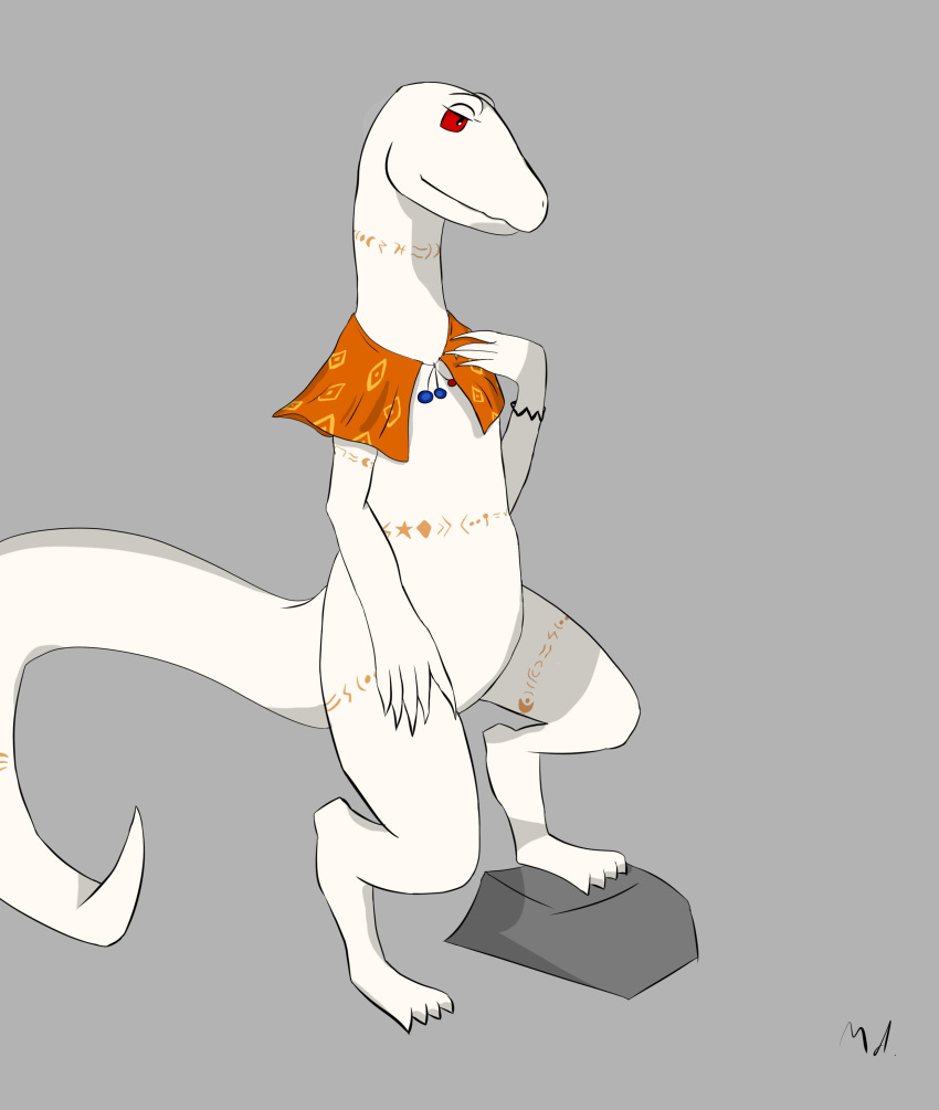 absurd_res albino ambiguous_gender anthro crusch_lulu female grey_background hi_res jewelry lizard lizardman lizardman_(overlord) overlord_(series) red_eyes reptile scalie simple_background solo tail white_body white_skin youmadsin